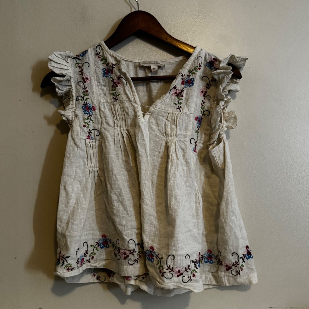 Jennifer & Grace Women's M Embroidered Floral Ruffle Sleeveless 100% Cotton